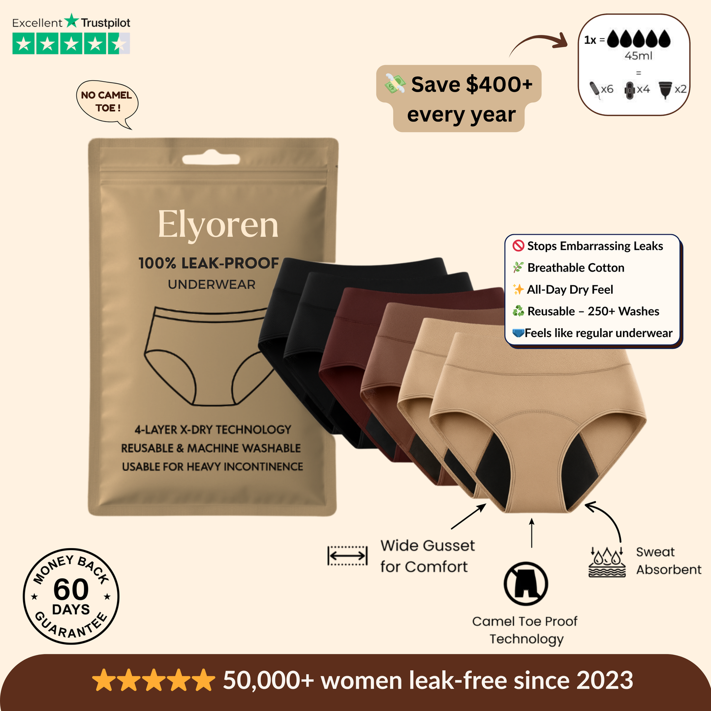 Elyoren Leak-Proof Underwear - 4-Pack